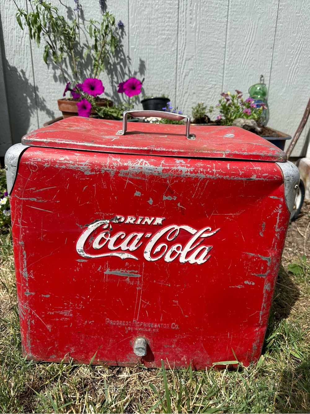 Vintage Coca-Cola Embossed Steel Picnic Cooler Progress Refrigerator Original